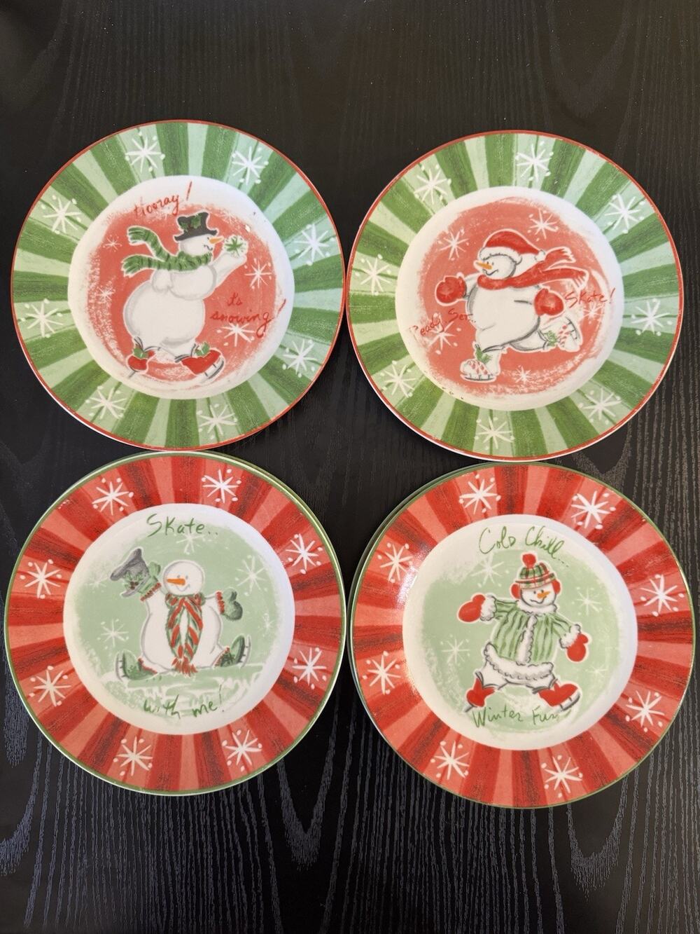 AVON Christmas Snowman Dessert Plates Set of 4 | Holiday Red Green Winter